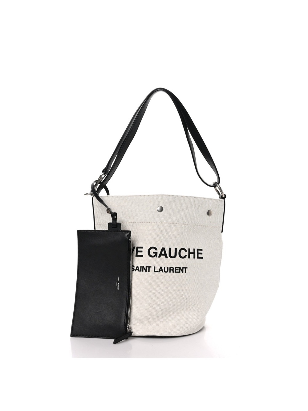 SAINT LAURENT RIVE GAUCHE CANVAS BUCKET BAG W/ LEATHER ZIP POUCH - IVORY/BLACK - Picture 2 of 10